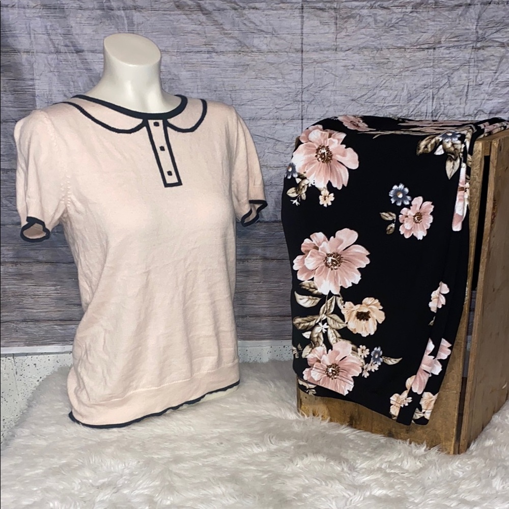 Elle Pink & Black Short Sleeve Dressy Blouse